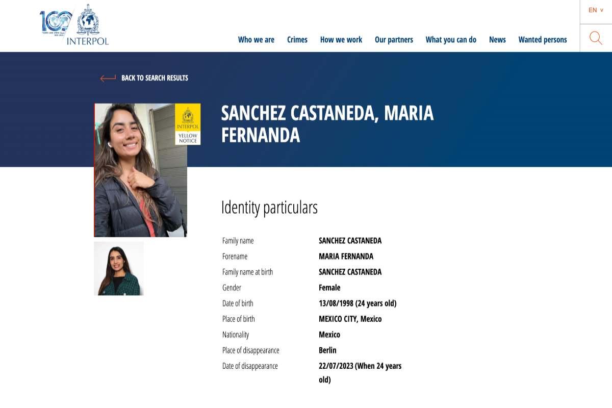 Interpol emite ficha amarilla para la búsqueda de María Fernanda, mexicana desaparecida en Alemania